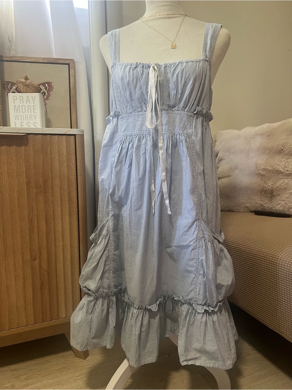 Womens Light Blue Striped milkmaid dress
